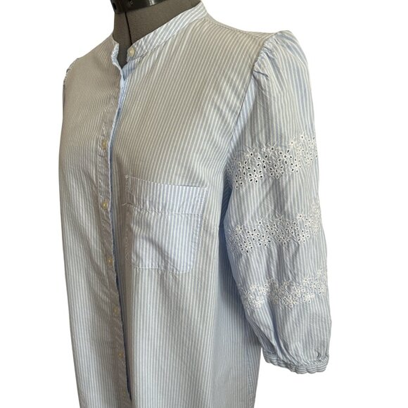 Loft Blue & White Striped Shirt Dress L 3/4 Sleeve Embroidered  Button Front - Picture 2 of 8